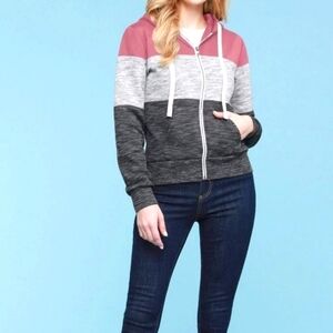 Doublju Women's Active Casual Zip-Up Color Block Hoodie Sweatshirt Size L